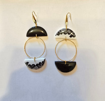 Boucles d'oreilles asymétriques en acier inoxydable doré et pâte polymère résinée effet dentelle