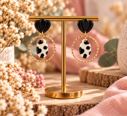 Boucles d’oreilles noires léopard avec anneau doré – Créa Gégé