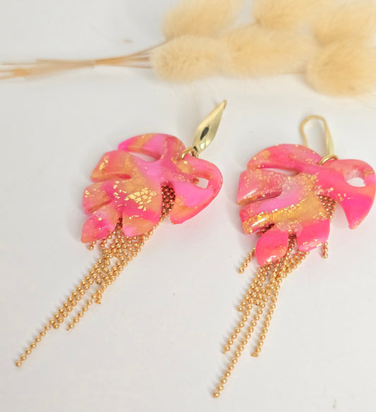 Boucles d’oreilles feuilles tropicale rose et orange résine. - vue 2 - Créa Gégé