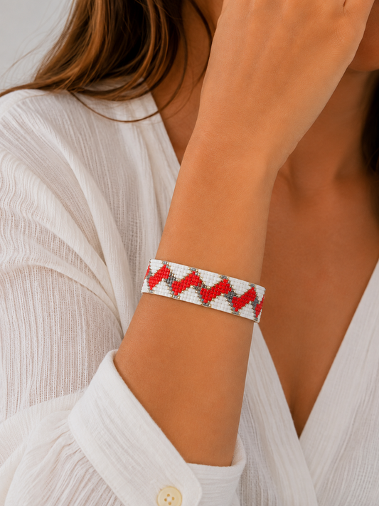 Bracelet ajustable en acier inoxydable tissé de perles Miyuki - Zigzag rouge et blanc