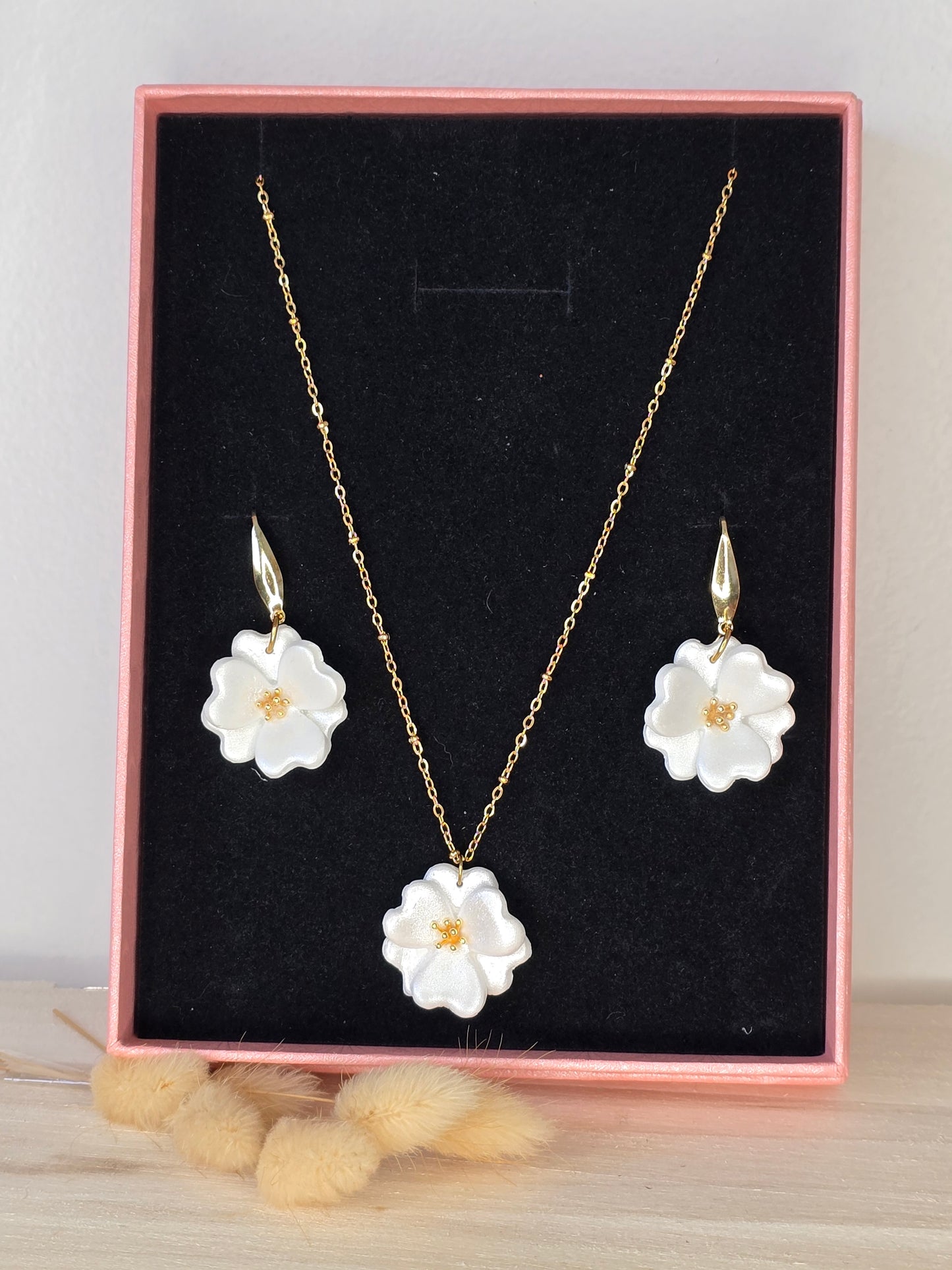 Parure fleurs nacré blanc - Acier inoxydable