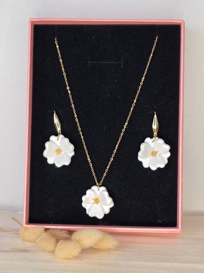 Parure fleurs nacré blanc - Acier inoxydable
