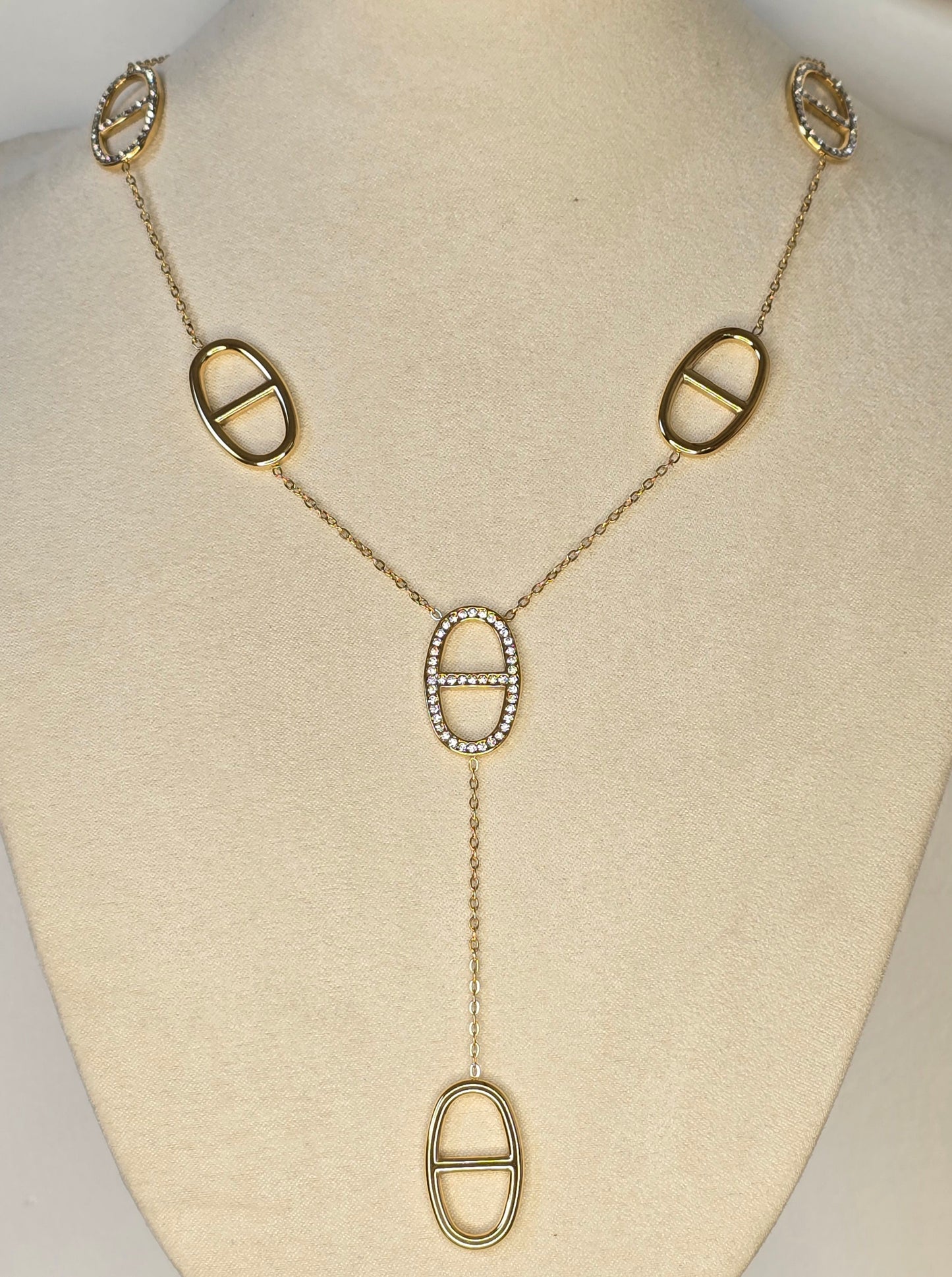 Collier y grosse maille marine strass - Acier inoxydable