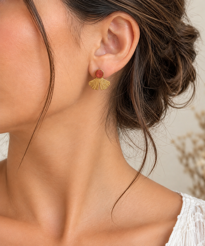 Boucles d'oreilles puce feuille de ginkgo doré & résine bronze