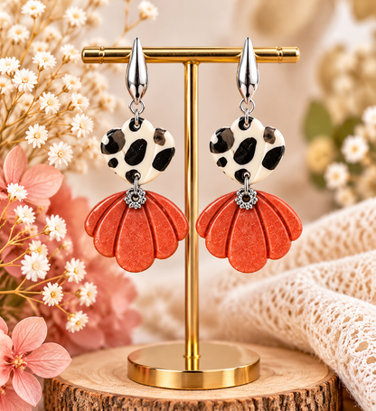 Boucles d’oreilles cœur léopard et fleur terracotta métallisé – Créa Gégé