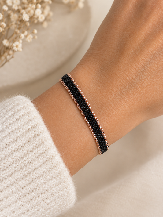 Bracelet ajustable tissé main perles Miyuki noir & or rose